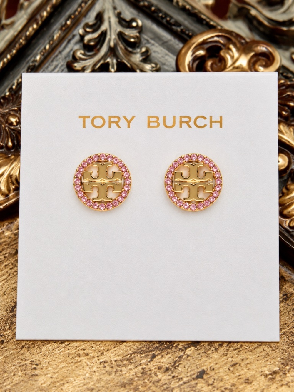 TORY BURCH • Crystal Circle Logo Miller Pink Crystals Earrings
